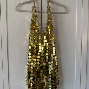 Viral Bold Gold Sequin Chainmail Halter Statement Disco Party Dress